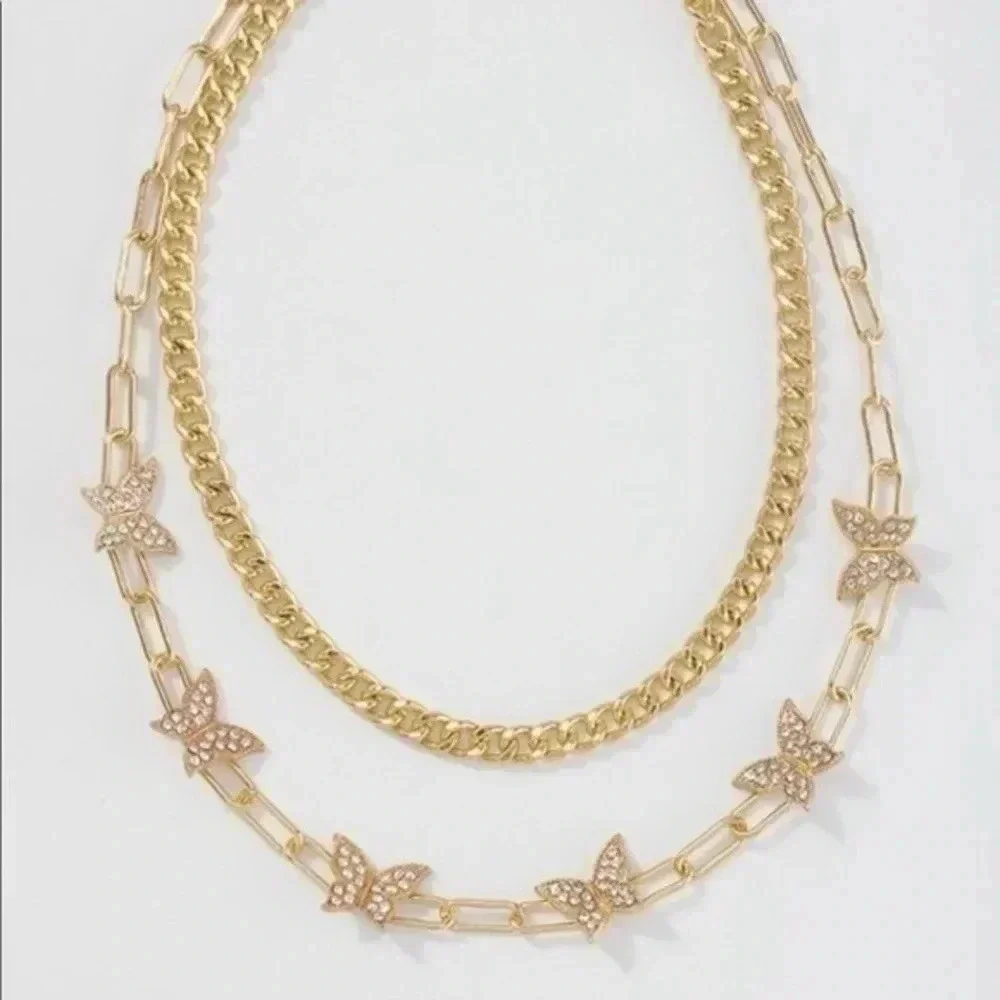 Topshop Butterfly Rhinestone Pendant Charm Gold 2 Chain Layer Statement Necklace 19$